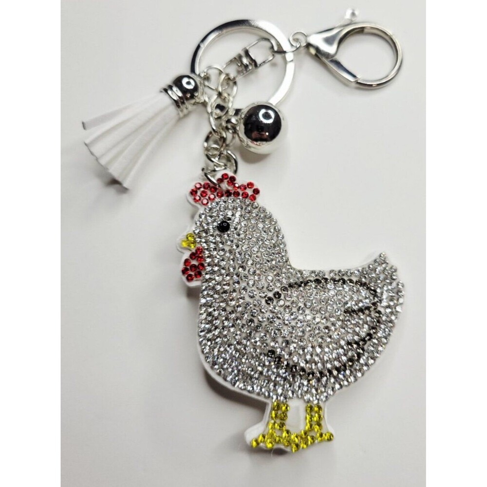 NWT Large Silver White Chicken Rooster Rhinestone Keychain Bag Charm W Tassel